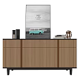 Light Wooden Entryway Cabinet Sideboard With Picture Frame Glass Cups Books And Decorative Object