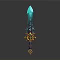Fantasy Blue Runic Sword With Golden Decorative Hilt And Gemstone Accents