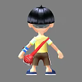 Cute Boy Decorative Ornament Figurine Set with Black Short Hair Yellow Tshirt and Red Bag