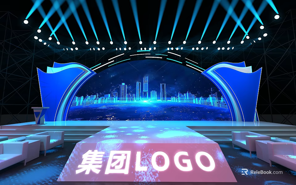 Modern Stage Setup With City Skyline Lighting And Group Logo 3d model
