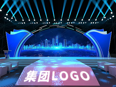 Modern Stage Setup With City Skyline Lighting And Group Logo 3d model