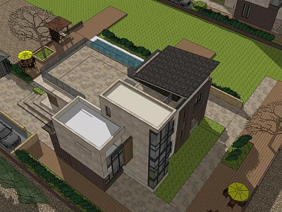 Modern Detached Villa Exterior Design With Swimming Pool Lawn And Courtyard 3d model