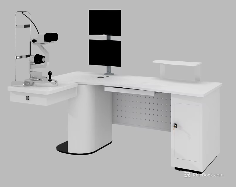 Modern White Laboratory Workstation With Microscope Dual Monitors And Storage Cabinet 3d model 