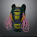 Green And Gray Backpack With Yellow Geometric Shapes Black Top And Pink Hanging Ropes