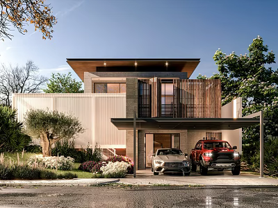 Modern Detached Villa Exterior With Wooden Facade Green Landscaping And Garage Area 3d model