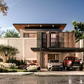 Modern Detached Villa Exterior With Wooden Facade Green Landscaping And Garage Area