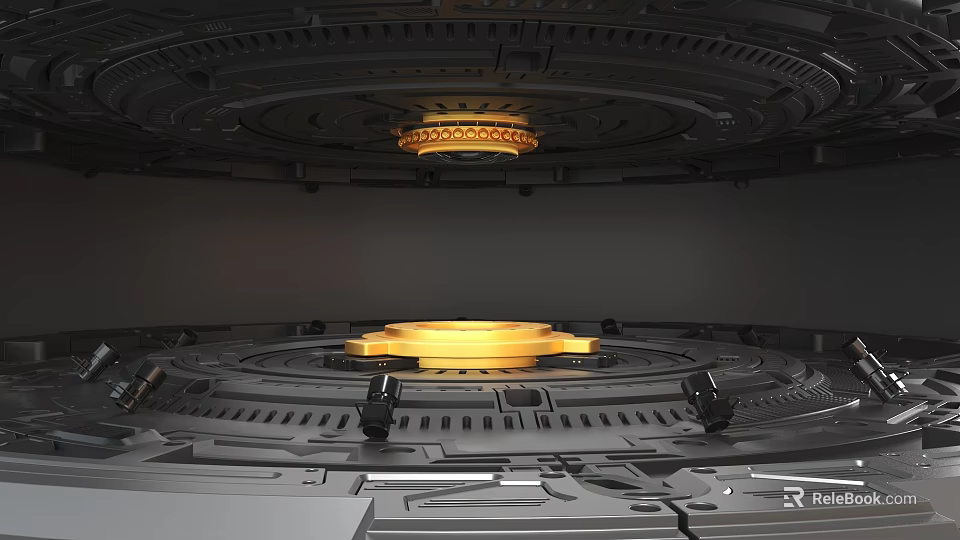 Futuristic Metallic Art Installation With Circular Structure And Glowing Yellow Core 3d model