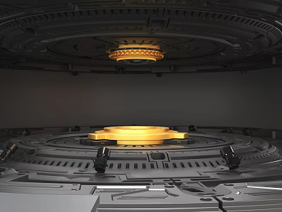 Futuristic Metallic Art Installation With Circular Structure And Glowing Yellow Core 3d model