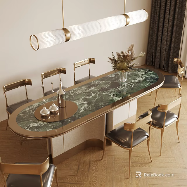 Modern Dining Table And Chair Set With Green Marble Top Gold Frame And Leather Seats 3d model 