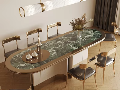 Modern Dining Table And Chair Set With Green Marble Top Gold Frame And Leather Seats 3d model