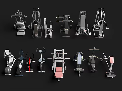 Various Types of Fitness Equipment Including Treadmills Benches and Weight Racks 3d model