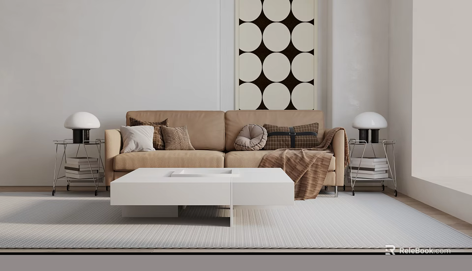 Modern Two-Seater Sofa with Pillows Blanket Black White Circular Wall Art Coffee Table Table Lamps 3d model 