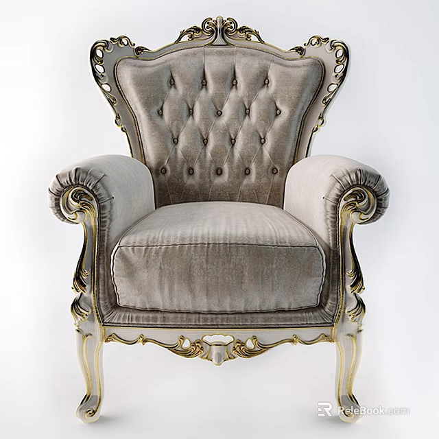 Luxurious Tufted Armchair With Gray Velvet Fabric And Gold Carved Wooden Accents 3d model 