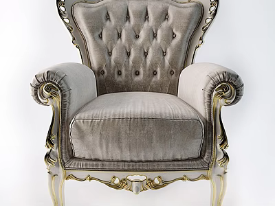 Luxurious Tufted Armchair With Gray Velvet Fabric And Gold Carved Wooden Accents 3d model