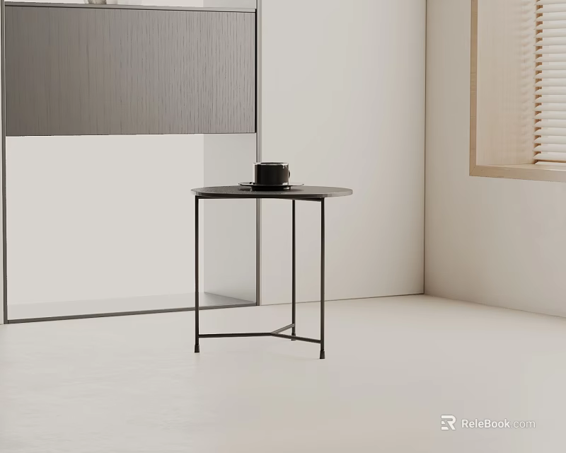 Black Metal Side Table With Round Top Black Cup Near Light Wood Cabinet Window Blinds 3d model 