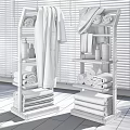 Wooden Bathroom Shelving Units with Bathrobe Folded Towels and Bath Products