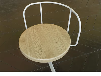 Leisure Chair Featuring White Metal Frame And Round Natural Wood Seat 3d model