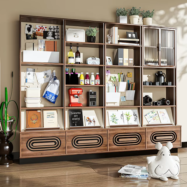 Wooden Multi Tiered Storage Shelf with Drawers Books Plants and Decor Items 3d model 