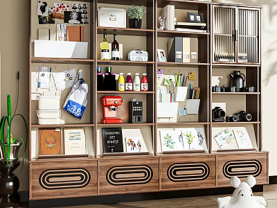 Wooden Multi Tiered Storage Shelf with Drawers Books Plants and Decor Items 3d model