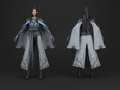 Ancient Style Game Movie Character With Long Robe Blue Gray Outfit And Ornate Patterns 3d model