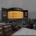Modern Cafe Interior With Cozy Sofa Seating Tables Chairs Bar Counter And City View Windows