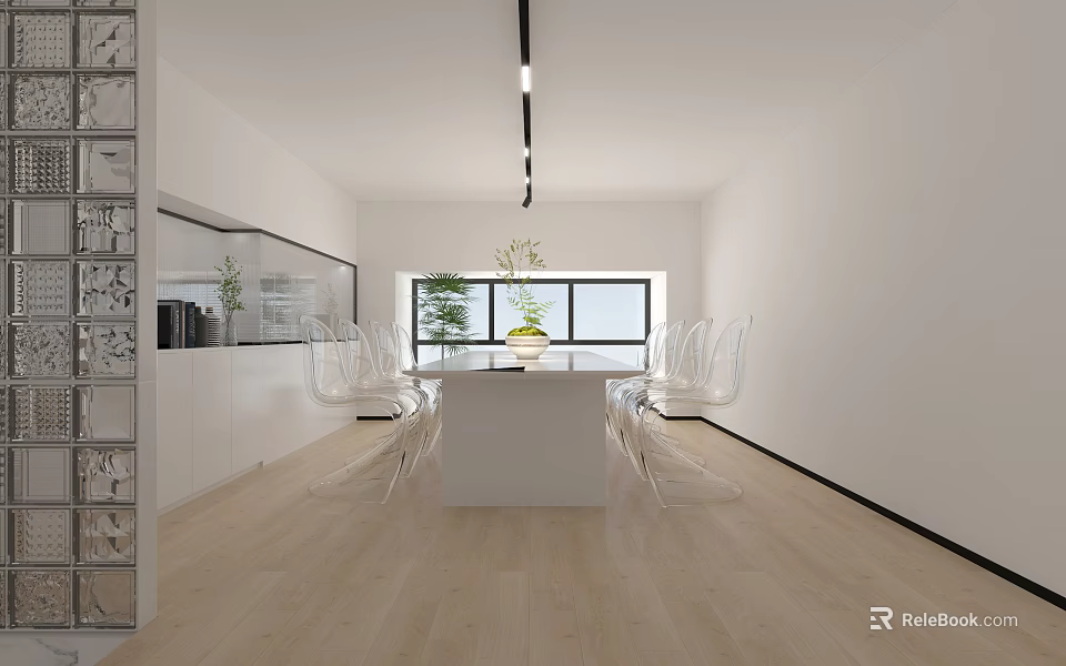 Modern Conference Room Interior With White Table And Clear Chairs Near Windows 3d model 