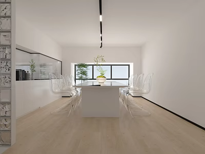 Modern Conference Room Interior With White Table And Clear Chairs Near Windows 3d model