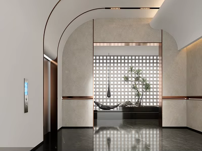 Modern Sales Office Interior With Curved Arch Lattice Screen Green Plant And Marble Wall 3d model