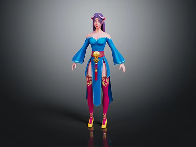Game Movie Character With Purple Hair Blue Off Shoulder Top Wide Sleeves Golden Belt And Colorful Patterns 3d model