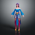 Game Movie Character With Purple Hair Blue Off Shoulder Top Wide Sleeves Golden Belt And Colorful Patterns