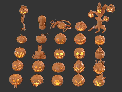 Halloween Decorative Ornament Set With Carved Pumpkin Smiling Face Lights And Spider Ghost Figurines 3d model