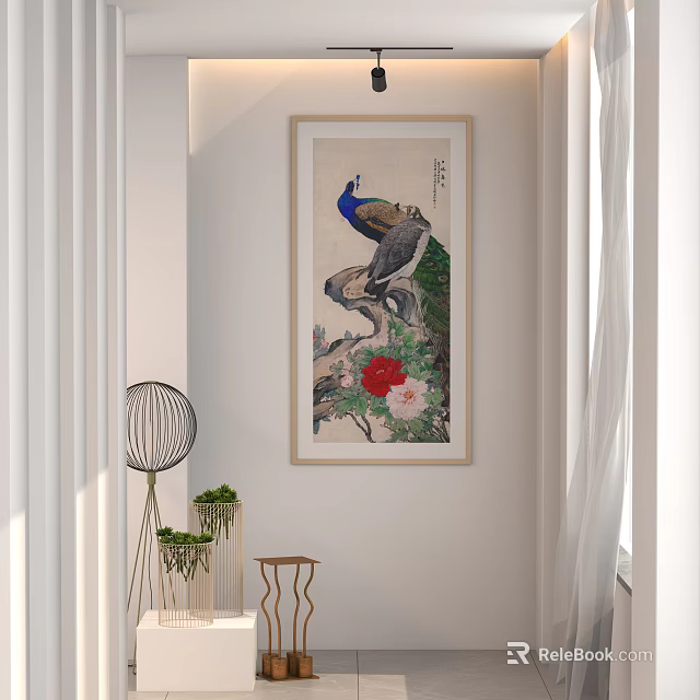 Peacock Animal Painting Framed With Red Flowers Hanging On White Wall In Modern Interior 3d model 