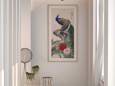 Peacock Animal Painting Framed With Red Flowers Hanging On White Wall In Modern Interior 3d model