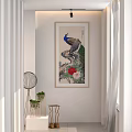 Peacock Animal Painting Framed With Red Flowers Hanging On White Wall In Modern Interior