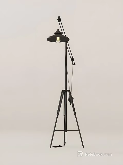 Black Modern Floor Lamp With Tripod Base Adjustable Arm And Exposed Bulb 3d model 