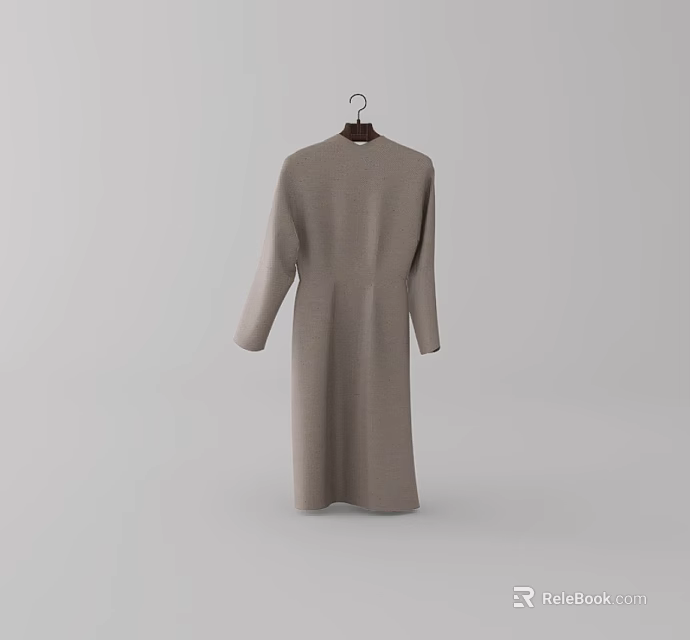 Beige Long Sleeve Stand Collar Dress Hanging on Hanger with Minimalist Background 3d model 