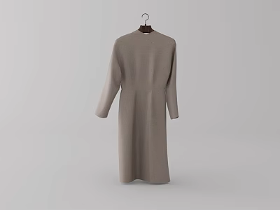 Beige Long Sleeve Stand Collar Dress Hanging on Hanger with Minimalist Background 3d model