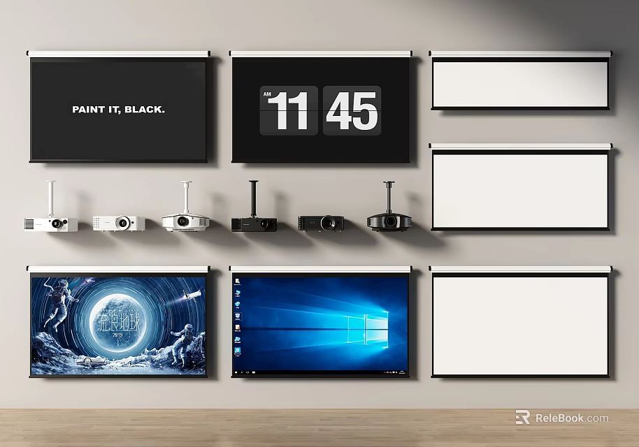 Professional Projection Monitoring Setup With Multiple Screens Projectors Time Display And Digital Content 3d model 