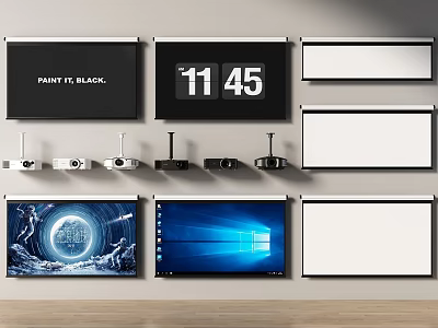 Professional Projection Monitoring Setup With Multiple Screens Projectors Time Display And Digital Content 3d model