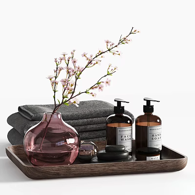 Household Supplies On Wooden Tray With Pink Vase Flower Branch Gray Towels And Soap Bottles 3d model