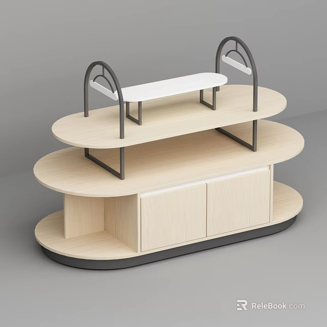 Multi tiered Display Shelf With Curved Wooden Shelves Metal Frame And Storage Cabinet 3d model 