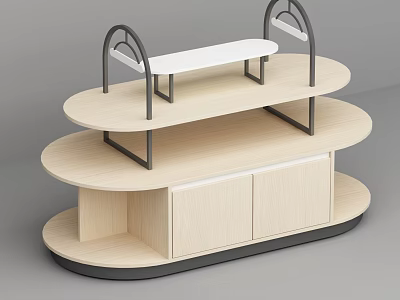 Multi tiered Display Shelf With Curved Wooden Shelves Metal Frame And Storage Cabinet 3d model