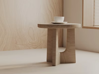 Wooden Side Table With Minimalist Design Holding White Cup And Saucer By Window 3d model