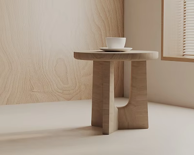 Wooden Side Table With Minimalist Design Holding White Cup And Saucer By Window 3d model
