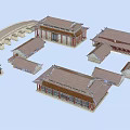 Ancient Chinese Architecture Complex With Traditional Roofs Courtyard And Bridge Design