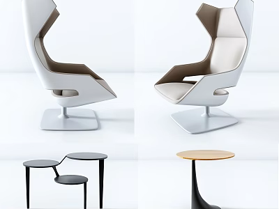 Modern Leisure Chair Featuring Unique Backrest Design White Brown Leather And Stylish Round Side Tables 3d model