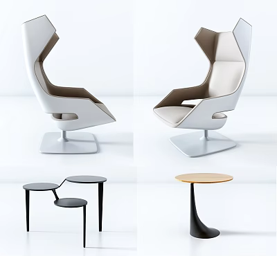 Modern Leisure Chair Featuring Unique Backrest Design White Brown Leather And Stylish Round Side Tables 3d model