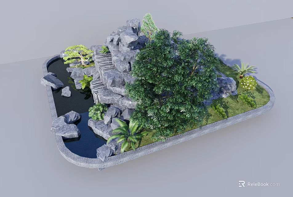 Stone and Wood Garden Landscape with Pond Green Plants and Natural Design 3d model 