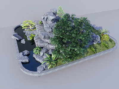 Stone and Wood Garden Landscape with Pond Green Plants and Natural Design 3d model