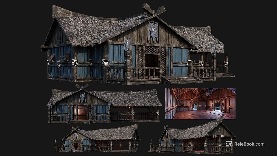 Ancient Traditional Building With Thatch Roof Wooden Walls Detailed Porch And Interior Multiple Views 3d model 